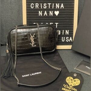 YSL Mini Croc Embossed Patent Leather Camera Bag Black